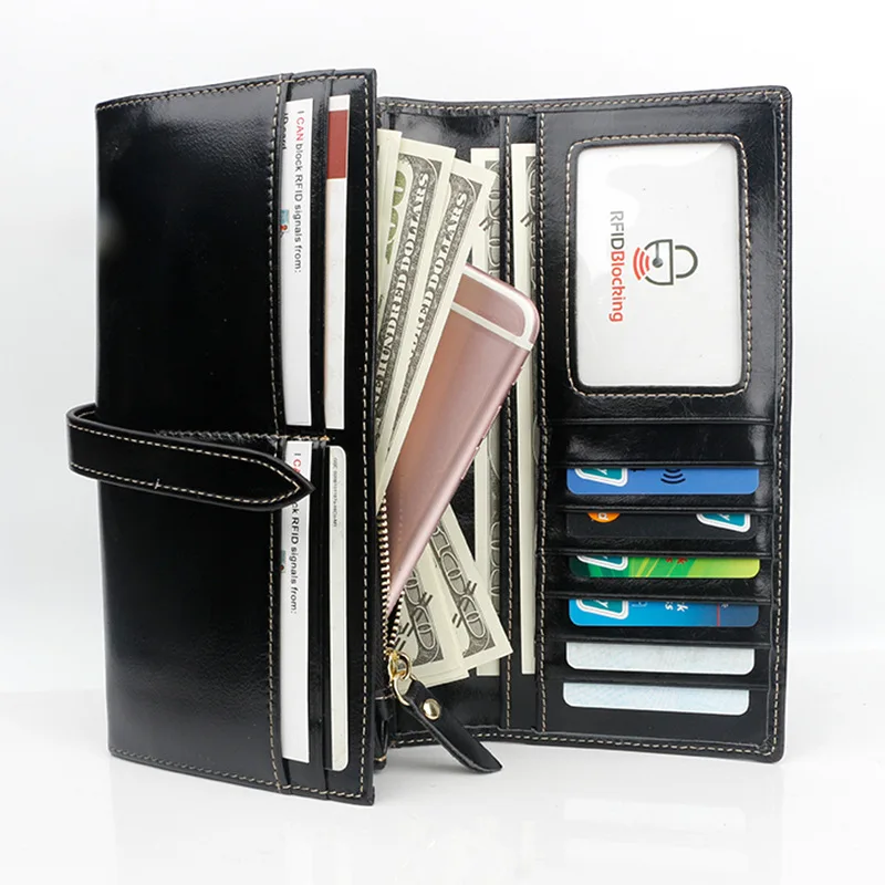 RFID Blocking Luxury Genuine Black Coffee Leather Wallets Fashion Long Fashion Card Holder Classic Purse Zipper Brand Wallet