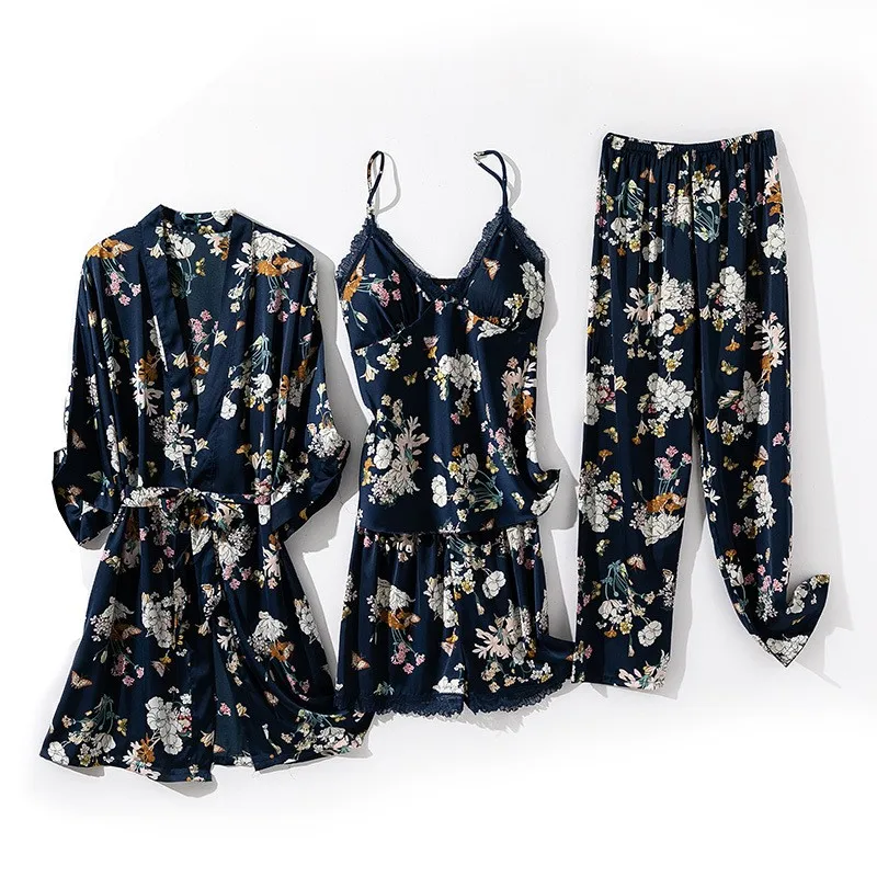 

Soft Kimono Robe Gown Silky Women Pajamas Set 4PCS Sleep Suit Satin Nightwear Intimate Lingerie Casual Bathrobe Home Clothes