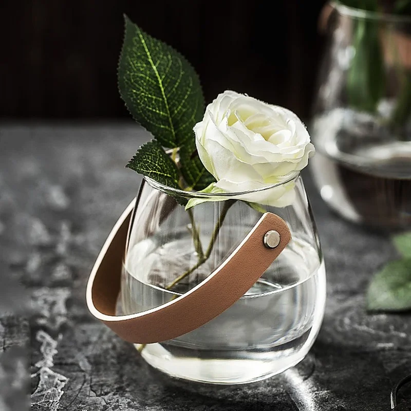

Nordic Clear Glass Storage Jar Portable Leather Handle Dry Flower Table Vase Scandinavian Desk Organizer Container Home Decor