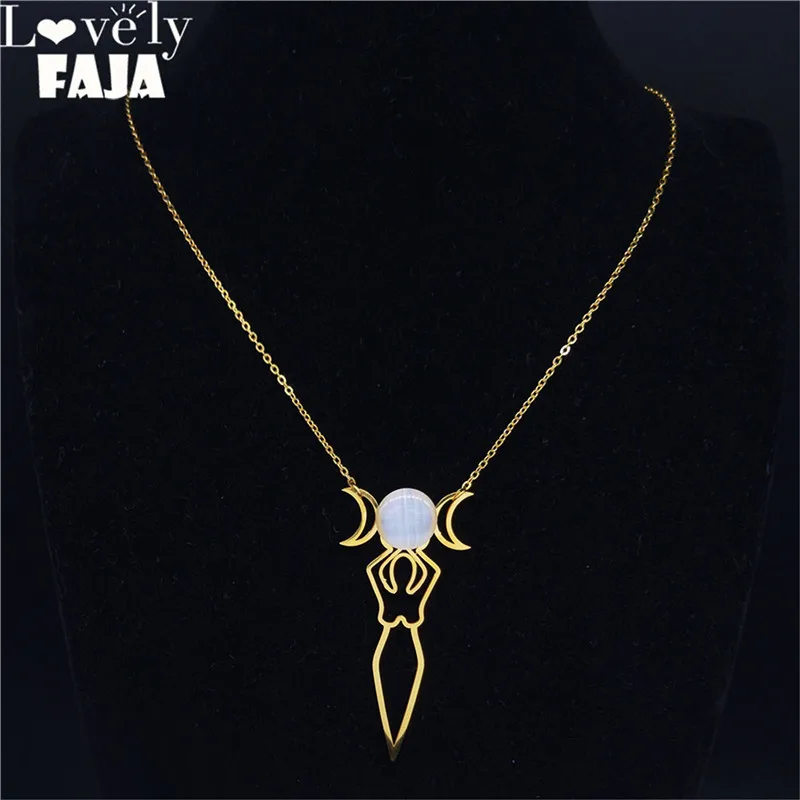 

Goddess of the Moon Opal Stainless Steel Necklace for Women Gold Color Necklaces & Pendants Jewelry colar feminino N433S03