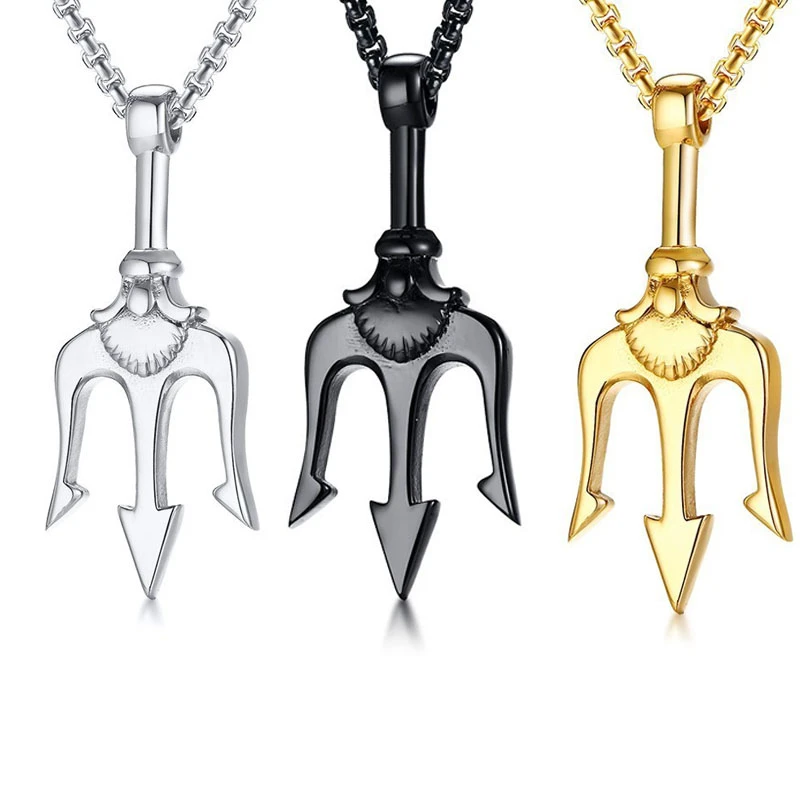 

Greek Poseidon Neptune Trident Spear Necklace God Of Sea Men Pendant Black Stainless Steel Charm Unisex Jewelry