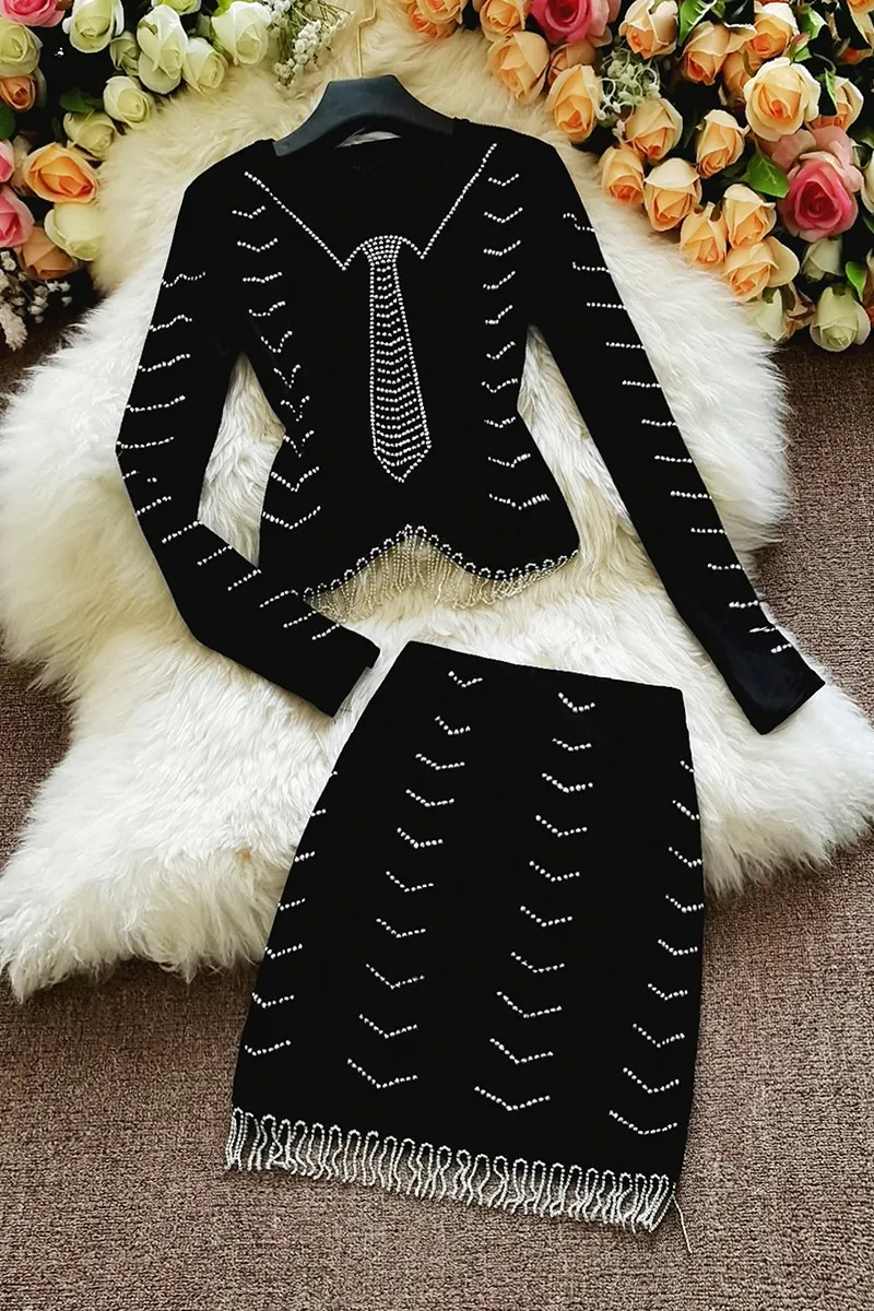 

Western style diamond short skirt suit 2020 autumn new style short tassel top bag hip skirt two-piece female