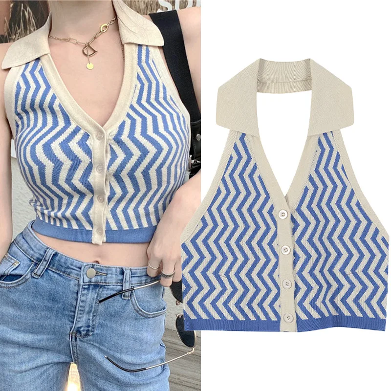 

Sexy spring/summer 2021 new wave-shaped halter knit vest female lapel halter slim short sling nightclub crop tops