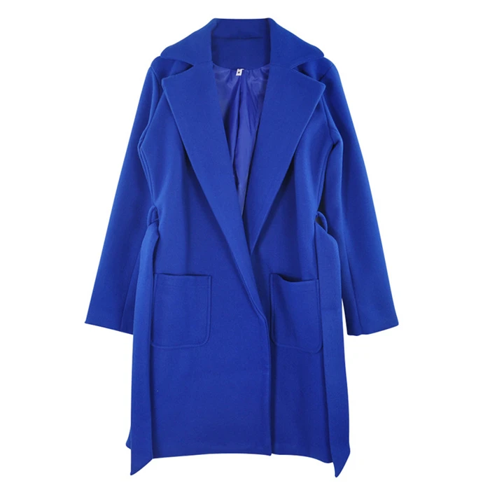Royal Blue Женское пальто средней длины MVGIRLRU, шерстяное пальто с поясом и со съемным воротником, однотонная парка с карманами - Цвет: Royal Blue