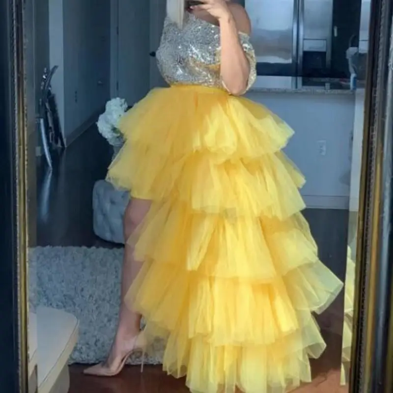 

High Low Yellow Prom Dresses Tiered Skirt Off Shoulder Top Silver Sequin Cheap Puffy Cocktail Party Dress Special Occasion Gown