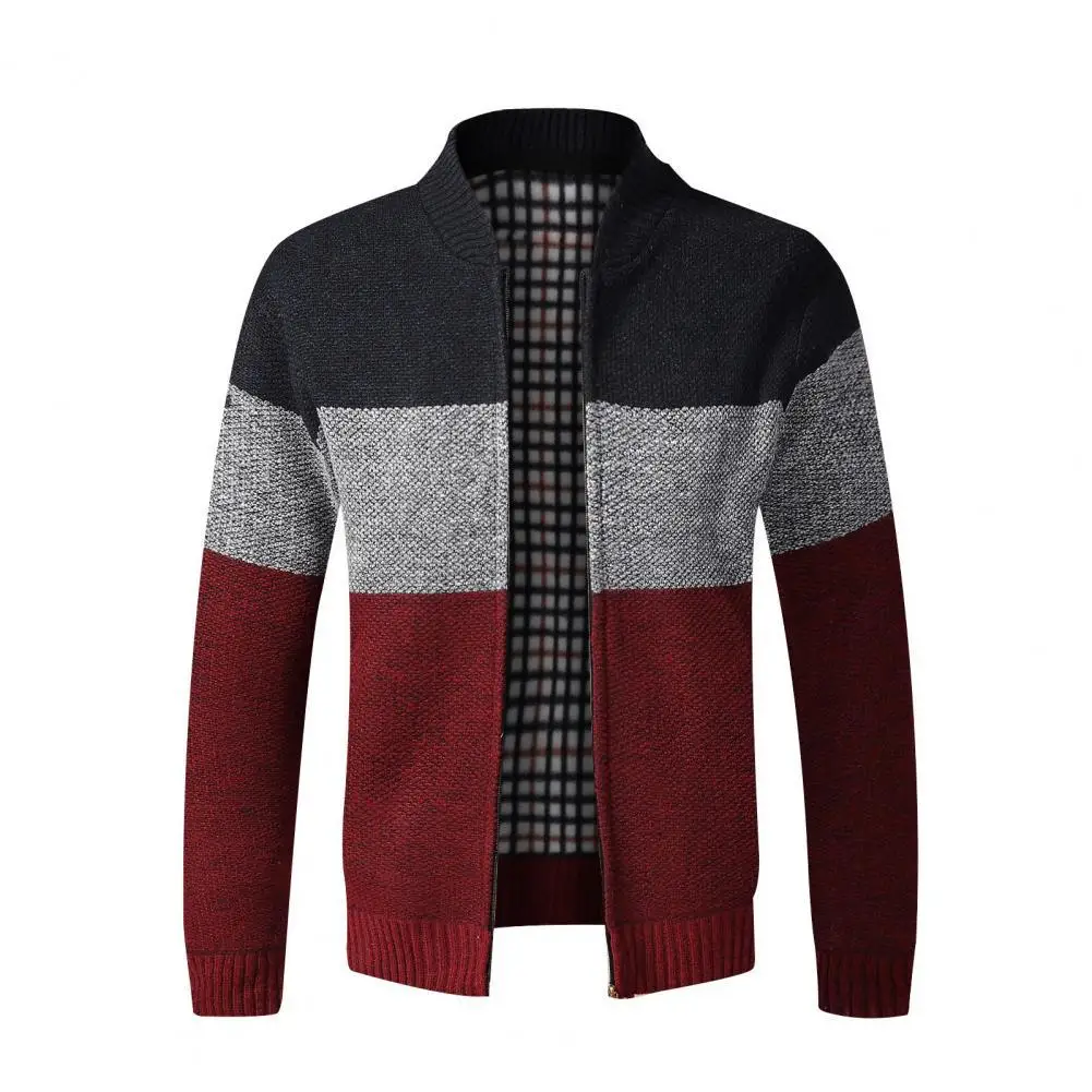

Autumn Winter Jacket Streetwear Coat Men Long Sleeve Stand Collar Coat Color Block Warm Plush Cardigan Hooded Jacket Outwear