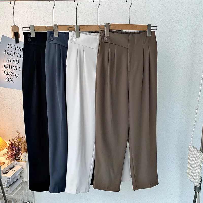 

Vintage Loose Casual Solid Harem Pants Women Chic Streetwear High Waist Elastic Design Button Solid Bottom Female Trousers