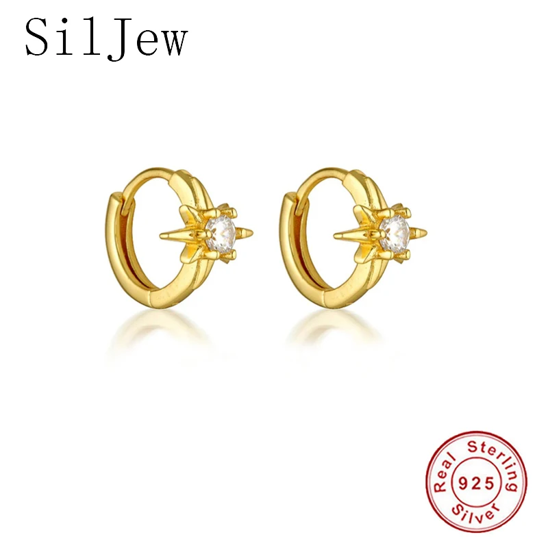 

SilJew 100% 925 Sterling Silver Gold 6.8mm Huggies Circle Piercing Hoops Women Fashion Fine Jewelry 2021 Wedding Crystal Zircon