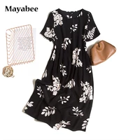 2021 new summer black and white leaves round neck pleated skirt large size loose silk woman dress