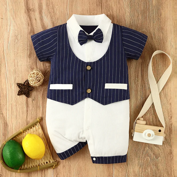 

Baby Boy Clothes 2021 Summer New Baby Gentleman One-piece Baby Striped Cotton Romper Bn*