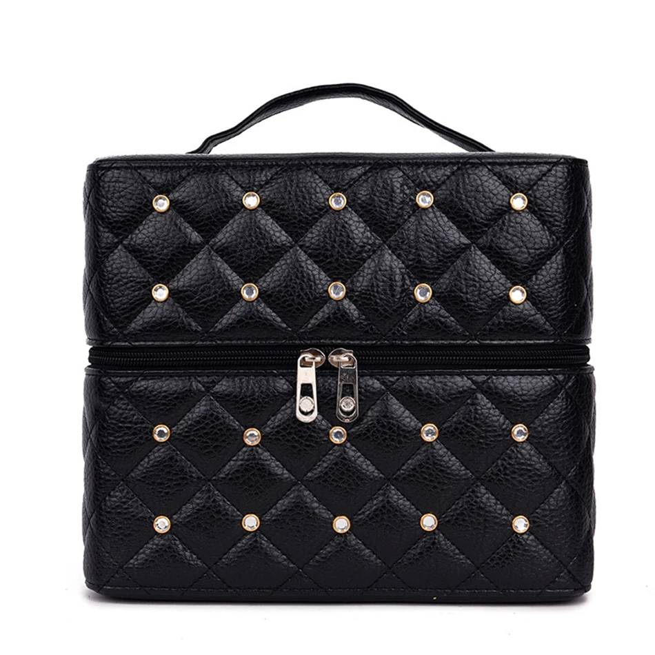 Cosmetic Bag Women PU Leather Rhinestone Makeup Bags Travel Organizer Fashion Style Capacity 3Layers Cosmetic Trunk Box Portable