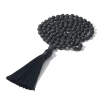 health friendly mala necklace 108 6mm black lava stone japamala beaded knotted meditation yoga jewelry with tassel pendant