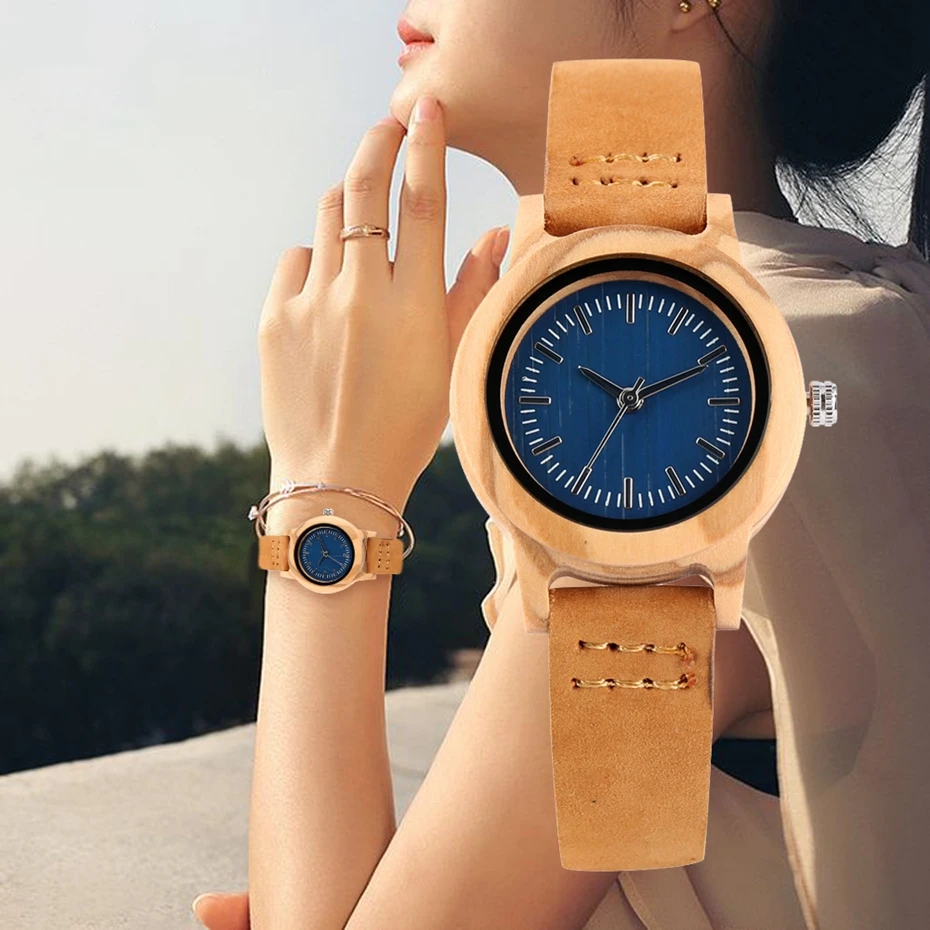 

Часы наручные женские с синим циферблатом, модные минималистичные кварцевые приталенные с браслетом из бамбукового дерева, с деревянным ре...