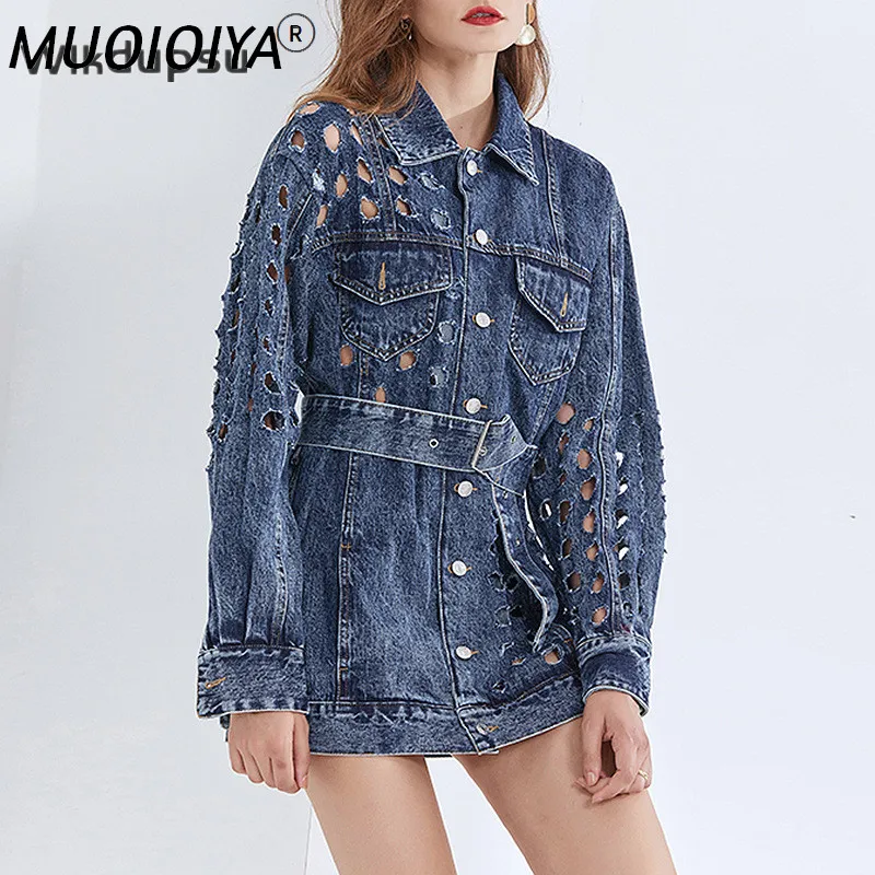 

2021 New Fashion Spring Autumn Long Sleeve Denim Jacket Women Hip Hop Hollow Out Hole Runway Luxury Designer Jeans Coat Outwear
