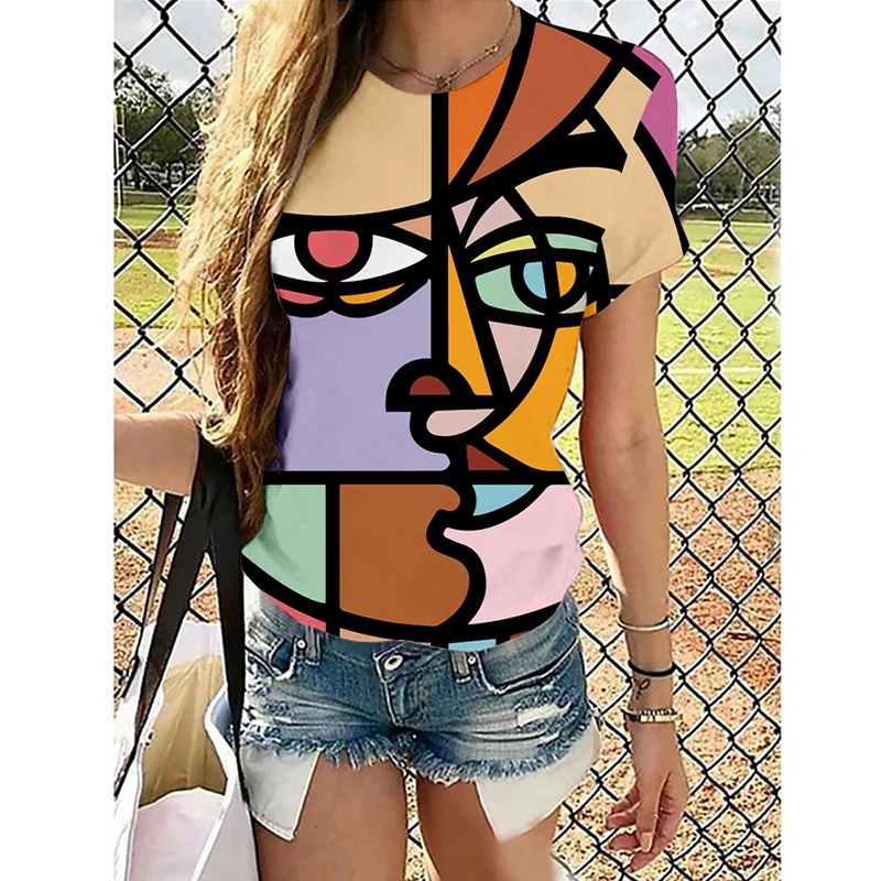 Женская Повседневная футболка с круглым вырезом летняя абстрактным рисунком и
