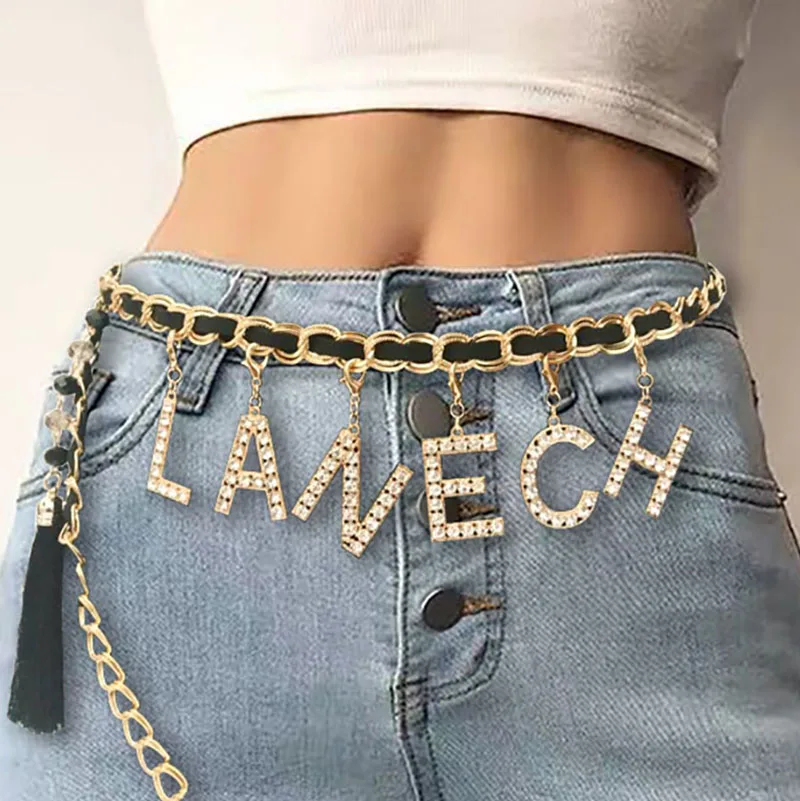 

Bohemian Women Custom Tassel Letter Fashion Black Elegant Ladies Waist Chain Dress Decoration Wedding Slim Belt