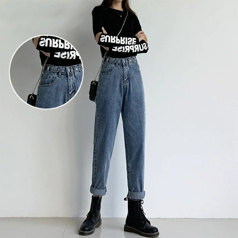 

Women's Spring Autumn Style Harem Pants Women's High Waist Solid Color Button Fly Pockets Casual Ankle-Length Jeans KK0247