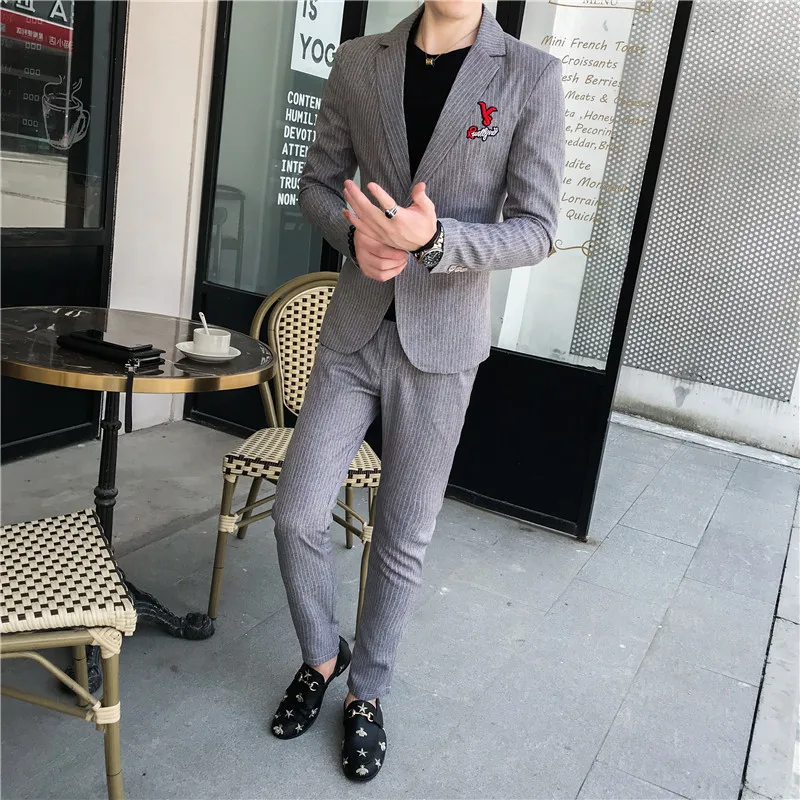 2019 autumn men's single button business casual suits Men's fashion embroidery letter suit two-piece blazer + pants | Мужская