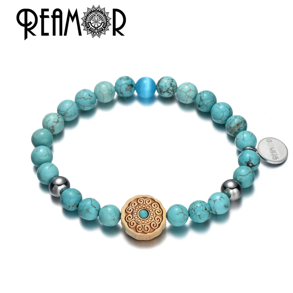 YSBK001 f REAMOR натуральная бирюза этнический браслет из деревянных бусин homme Модные Браслеты Мужчины/Женщины браслет ювелирные изделия подарок - Окраска металла: YSBK001 f