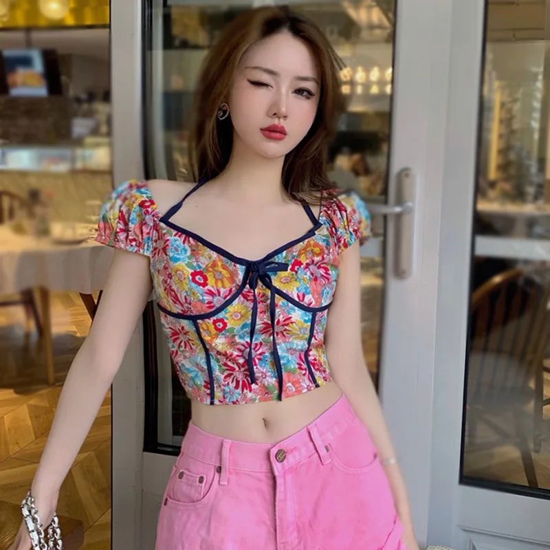 

Summer Women Blouse Sexy Slim Short Sleeves Shirt Floral Print Halter Blouses