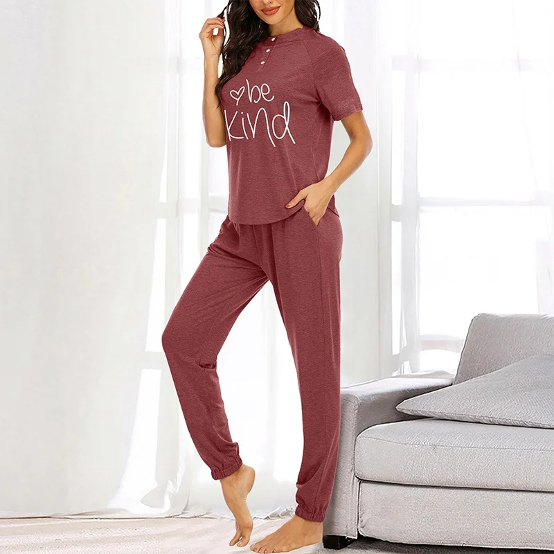 

2021 Puimentiua Women Pajama Set Solid Letter Sleep Tops Long Sleeve Pajamas For Women Buttons Female Sleepwear Cotton Nightwear