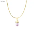 ANDYWEN 925 пробы Серебряный Фиолетовый Кристалл Подвеска Ожерелье Длинная цепочка драгоценные камни Геометрическая прямоугольная Золотая Рок Панк Роскошные ювелирные изделия