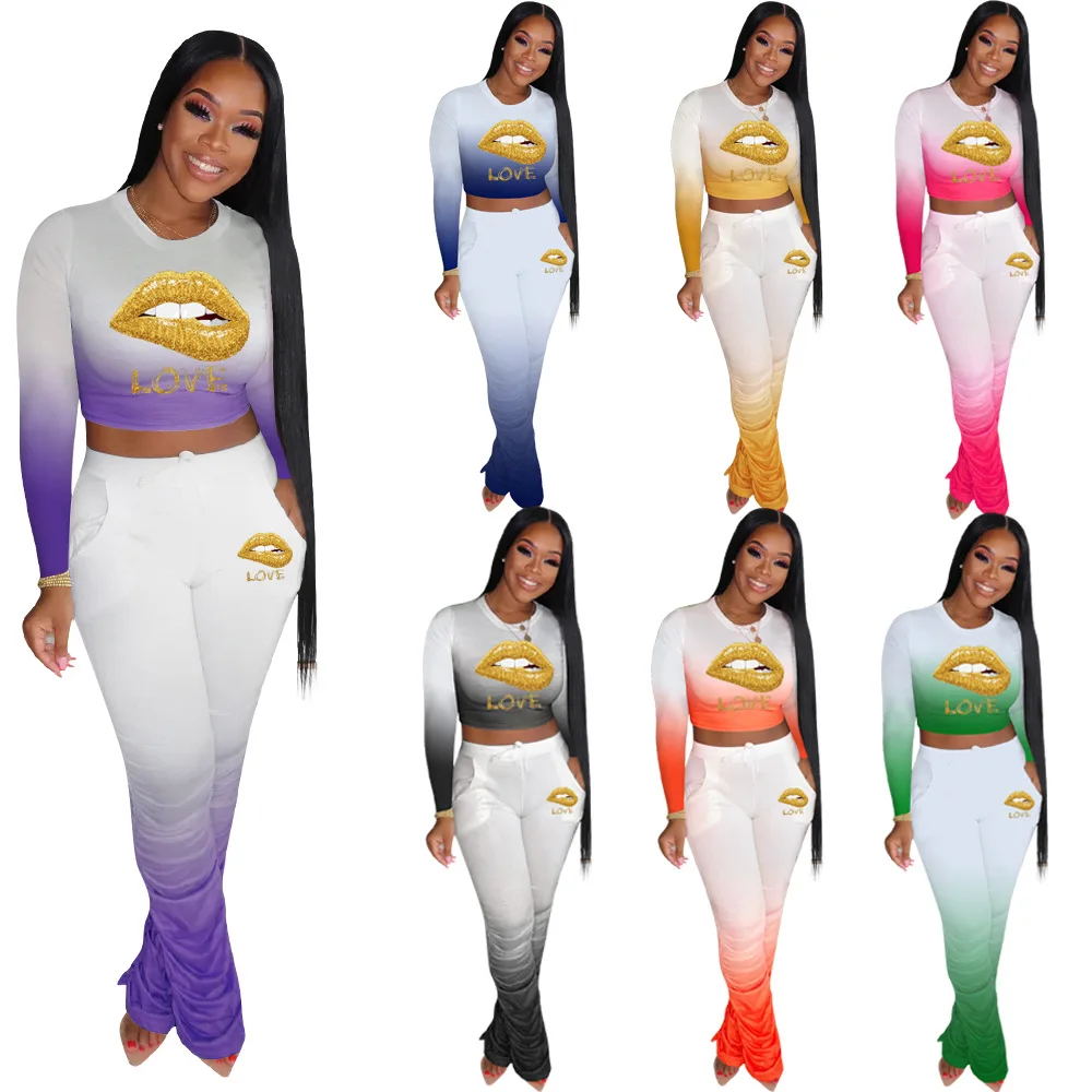 

Gradient Printed T-shirt Pleated Bell-bottom Pants 2-Piece Set Fashion Casual Suit European and American Sexy Women's Clothing