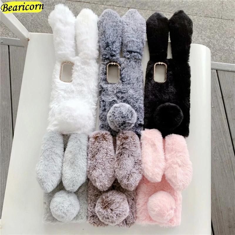 3D Plush Case For Samsung Galaxy S20 FE S10 S10e S9 S8 S7 S6 edge Note 5 8 9 10 20 Plus Lite Ultra 5G Furry Rabbit Fur Cover