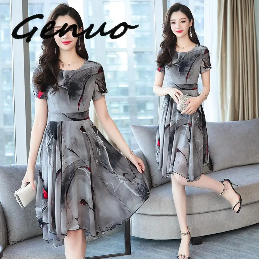 

2019 Korean Vintage Boho Dresses Summer Plus Size Print Chiffon Sundress Elegant Women Beach Midi Bodycon Short Sleeve Vestidos