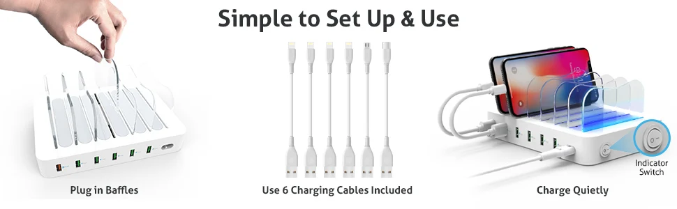 Soopii Quick Charge 3,0 60 W/12A 6-портовая зарядная станция usb для нескольких устройств, 6 кабелей в комплекте(2 IOS 2 Micro 2 type-C