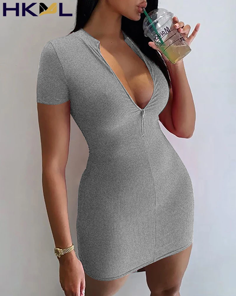 

Women Plain Color Zipper Front Mini Dress Short Sleeve Elegant Bodycon Plus Size Dress 2021