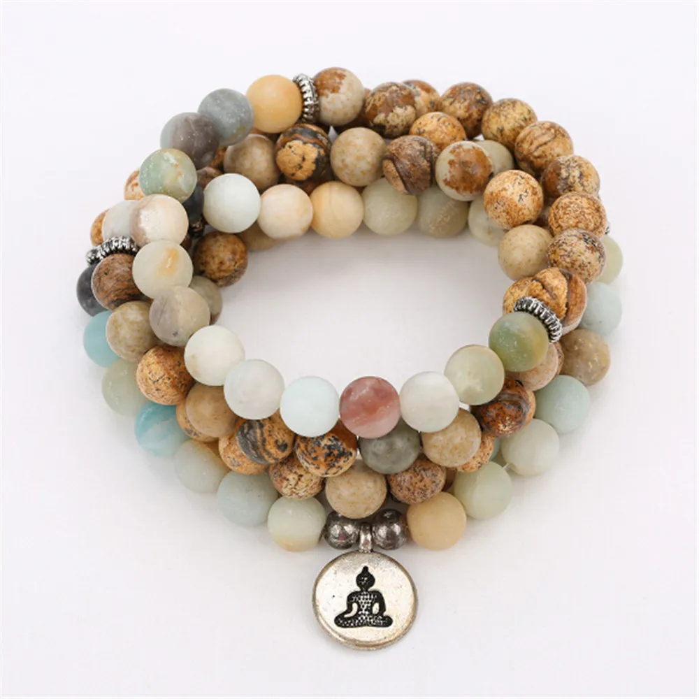 

New Design 108 Natural Amazonian Stone Beads Bracelets Multi Circles with Yoga Buddha Head Pendant Meditation Jewelry Wholesale