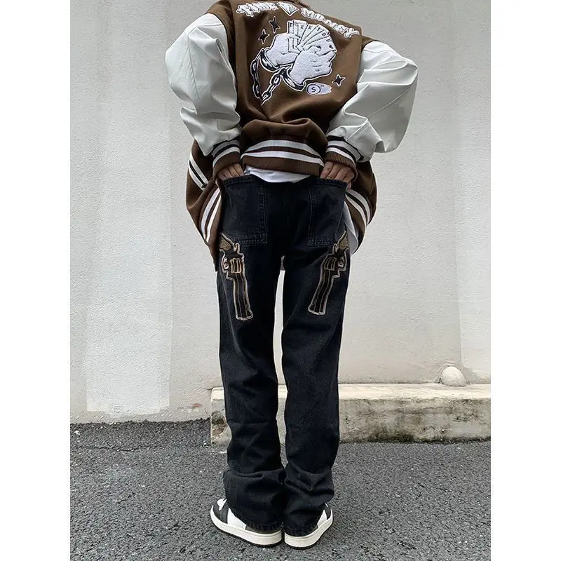 

Embroidered Pistol Jeans Men's and Women's High Street Hip Hop Loose Straight Leg Pants High Waist Casual Trousers Vintage Black