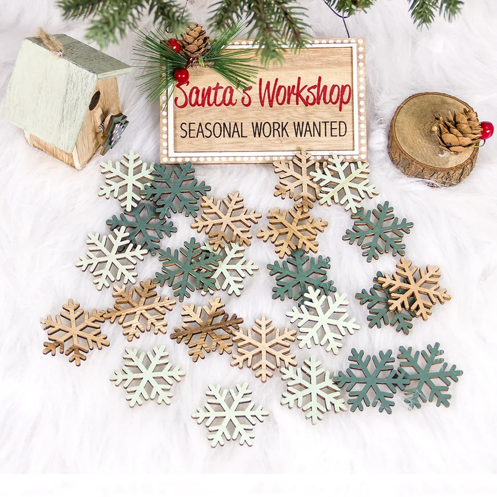 24PCS Colorful Hollow Christmas Snowflakes Wooden Pendants for Xmas Tree Ornaments Christmas Party Home Decorations Kids Gift