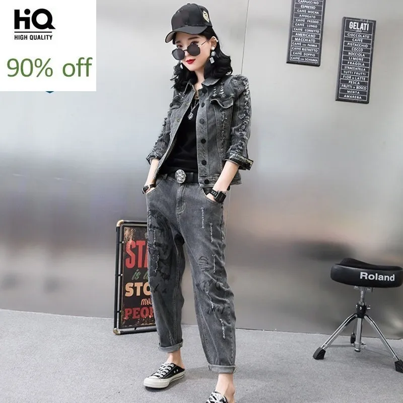 Весна новый бренд корейский рваные Женские повседневные 2 шт джинсовые наряды