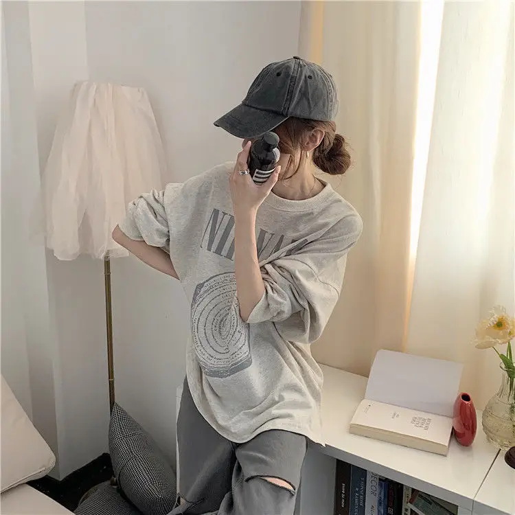 

100% cotton long sleeve t-shirt female autumn new Korean ins letter student loose BF Harajuku style top