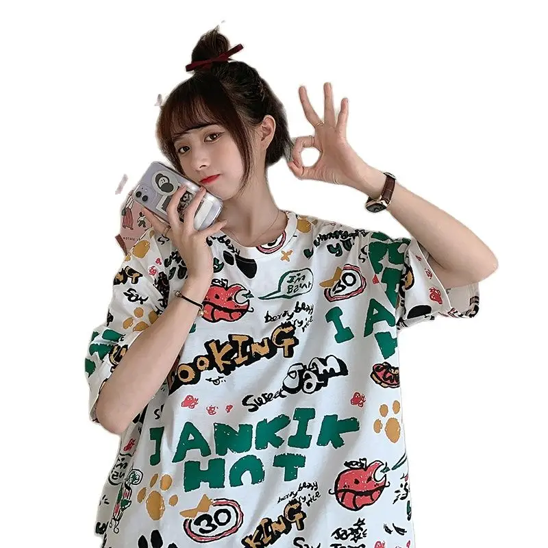 

Ladies Tops Fashion Summer Crew Neck Pullover Printing Loose Short Sleeve Creative Copywriting Appliques Regular Tenafeicc