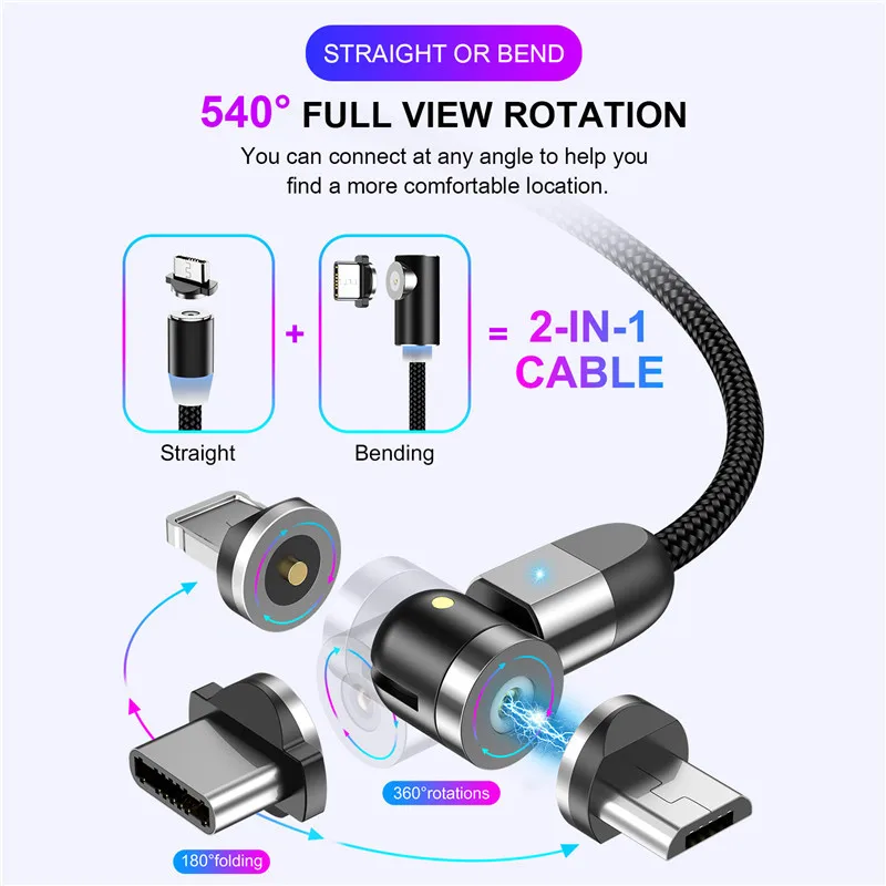 1 м 360 ° + 180 вращающийся магнитный Зарядное устройство Micro USB C Тип кабель для