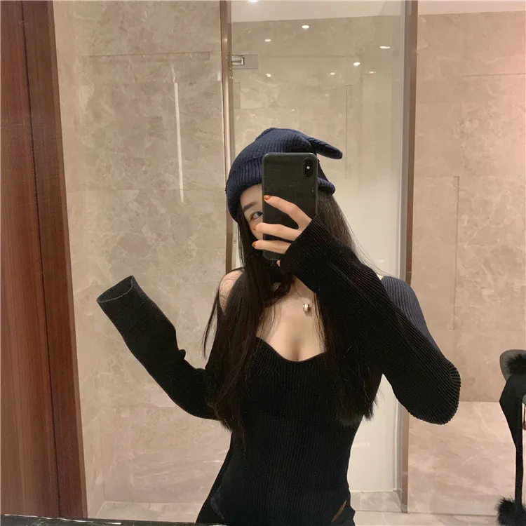 Hi Girl Весенняя Трикотажная футболка с открытыми плечами длинный рукав вязаный