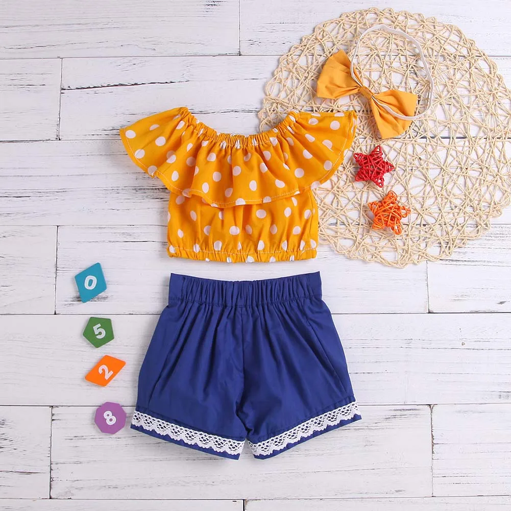 

Baby Girls Tops+Shorts+Headwear Suit Polka Dot Print Bowknot Clothing Set for Summer AN88
