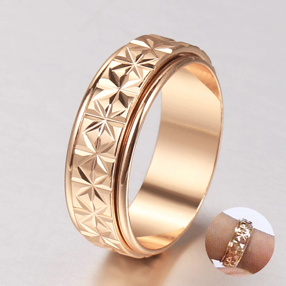 New 6mm 585 Rose Gold Color Spinner Rings For Women Girl Rotatable Carved Wedding Party Bride Anxiety Ring Fashion Jewelry GR76