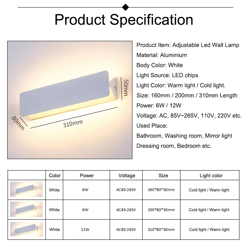 

Led Wall Lamp Modern Bathroom Light Nordic Mirror Light Aluminium Bedroom Lamp Stair Light Vanity Light AC 85V~265V 110V 6W 12W