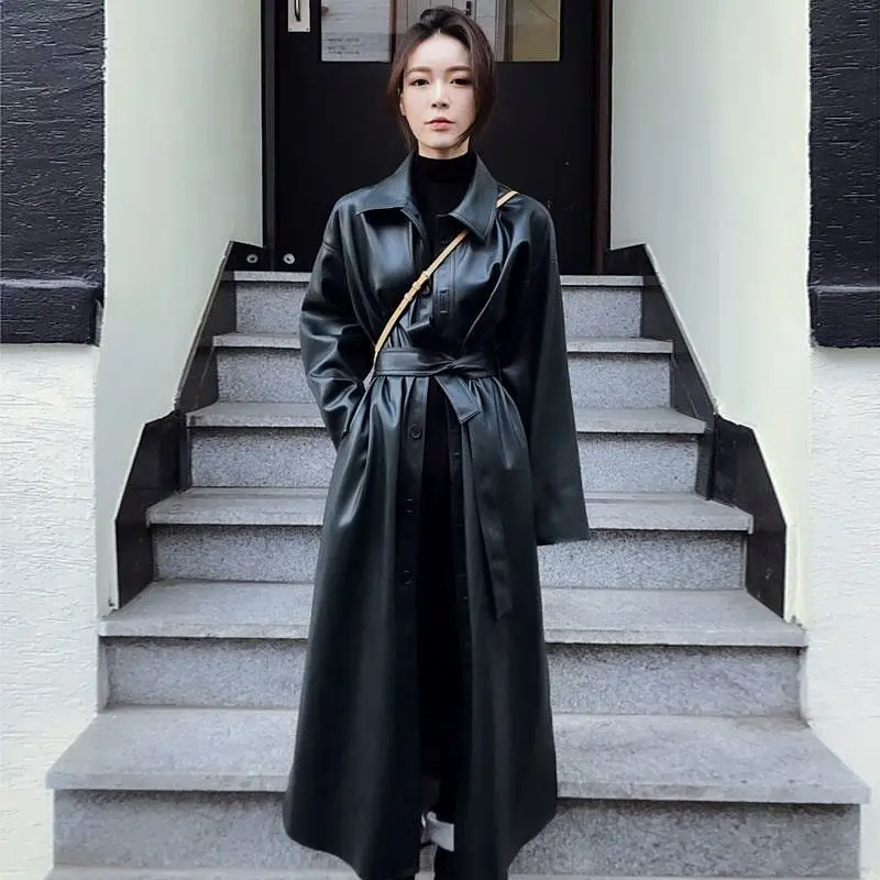 

Long Oversized Leather Trench Coat for Women Long Sleeve Lapel Loose Fit Fall Black Women Plus Size Clothing Streetwear