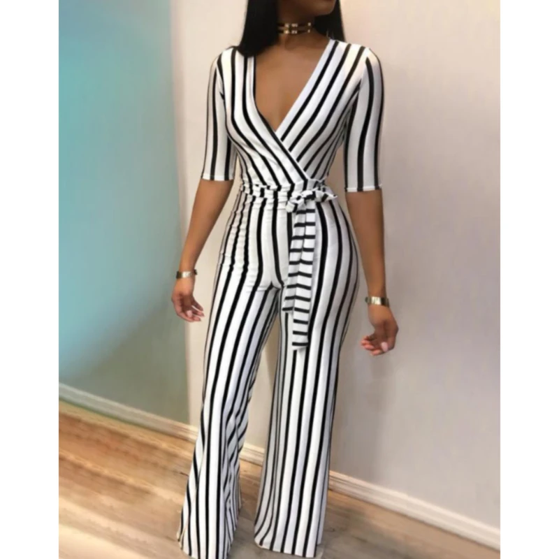 

Elegant Striped Sexy Rompers Womens Deep V Neck Jumpsuit Half Sleeve Bow Casual Slim Jumpsuits Overalls
