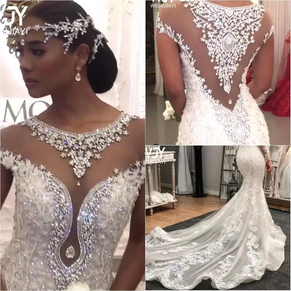 

Gorgeous Scoop Sheer Neck White Mermaid Ivory Beaded Crystals Lace Wedding Party Dresses Lady Vestido De Novia Robe De Mariee