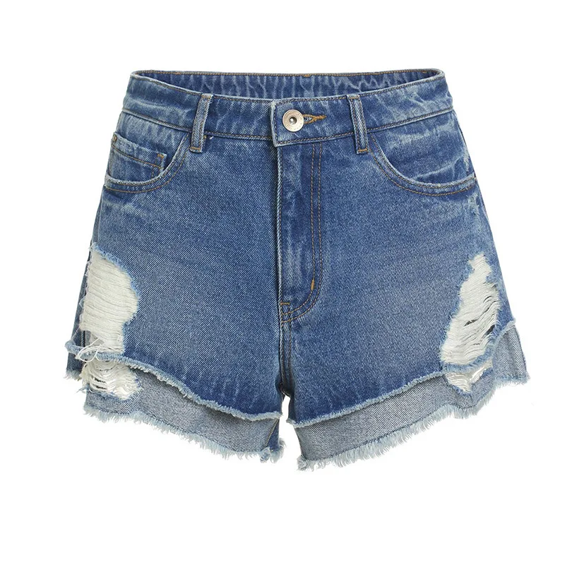 

Denimcolab 2021 New Patchwork Hole Denim Shorts Women Summer Fashion Fringe Loose Straight Short Jeans Ladies Casual Hot Shorts