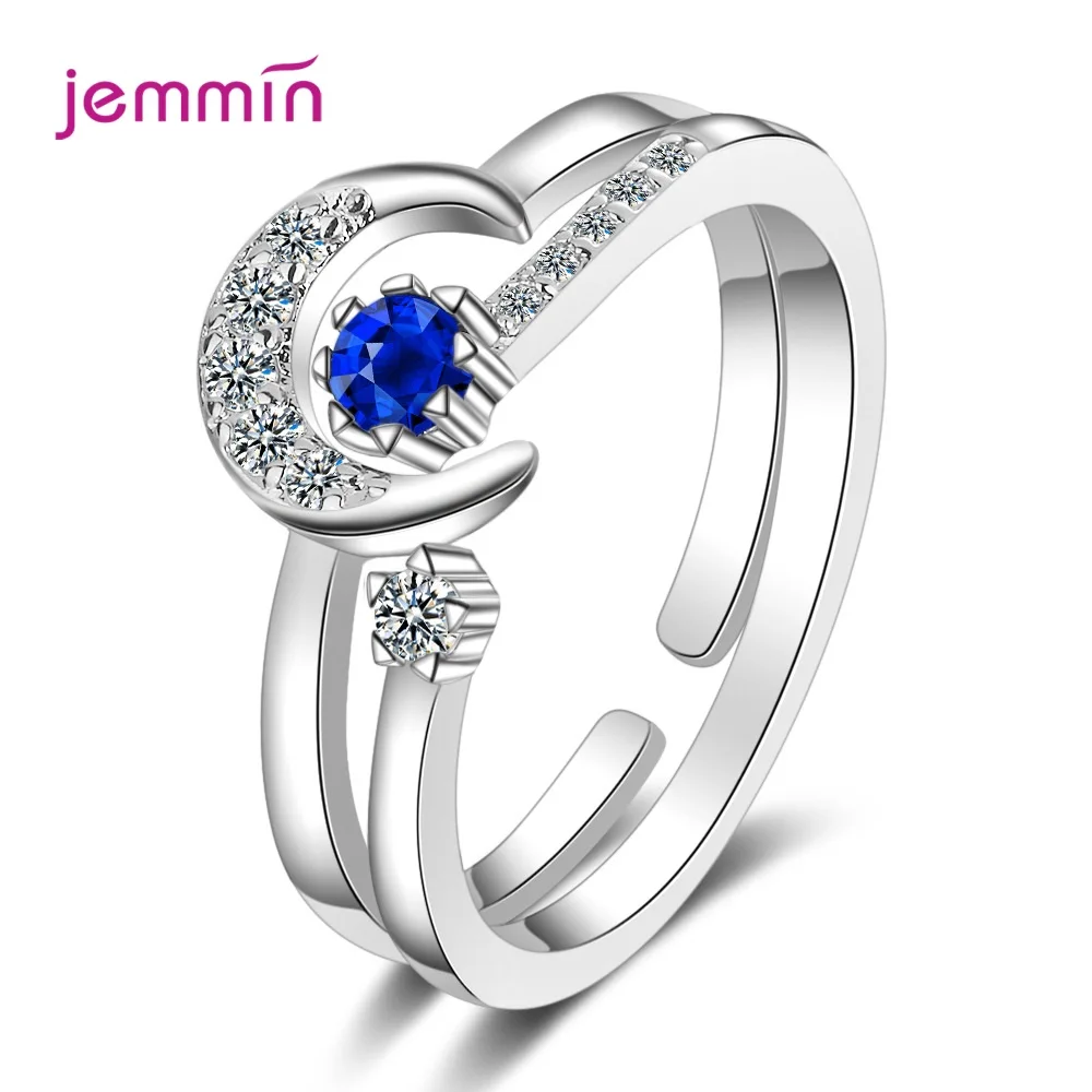 

Hot 925 Silver 2pcs/lot Star Moon Double Rings Set Resizable Zirconia Engagement Ring For Women Lover Party Wedding Jewelry