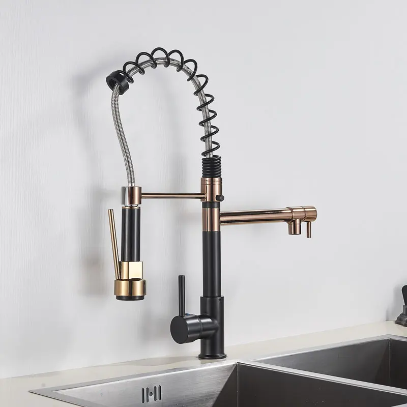 

Popular Kitchen Spring Sink Faucet Rose Gold Color New Matching Hot Cold Bath Mixer Tap Modern Free Rotation Pull Down Spout