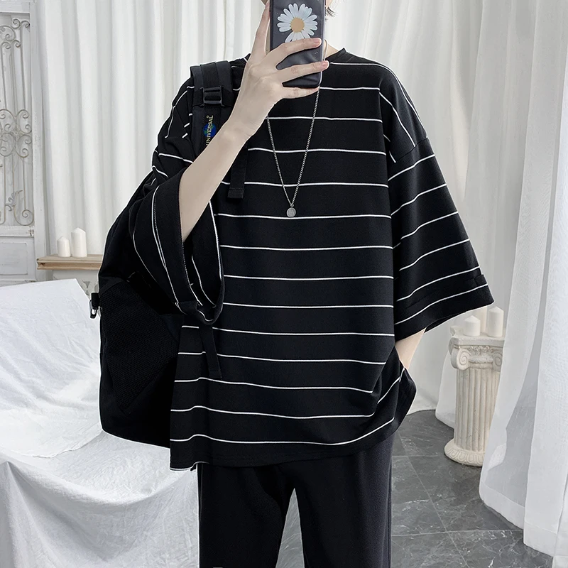 

Summer Striped T Shirt Men's Fashion Casual Loose Short-sleeved T-shirt Men Streetwear Wild Hip-hop Tshirt Mens Tops S-2XL