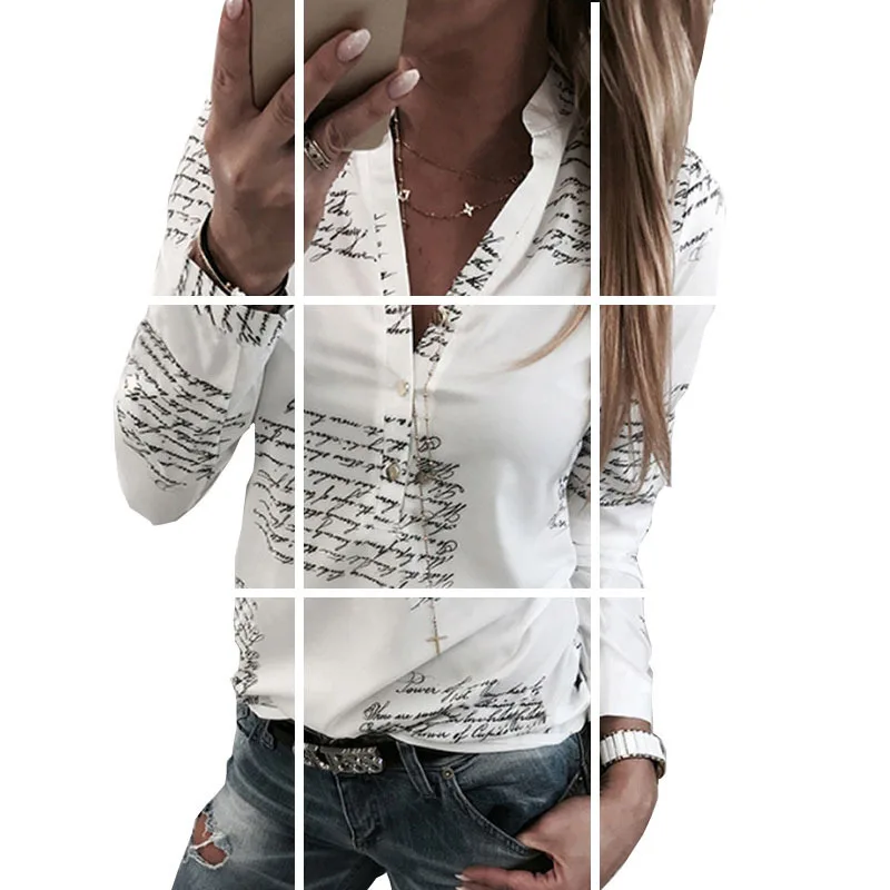 

MTT wish 2019 spring print letter V-neck button long-sleeved blouse shirt